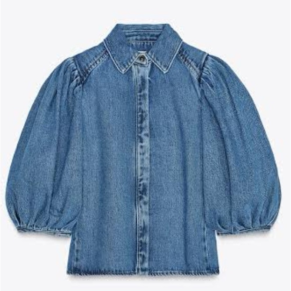 Zara Denim Balloon Sleeve Blouse Top